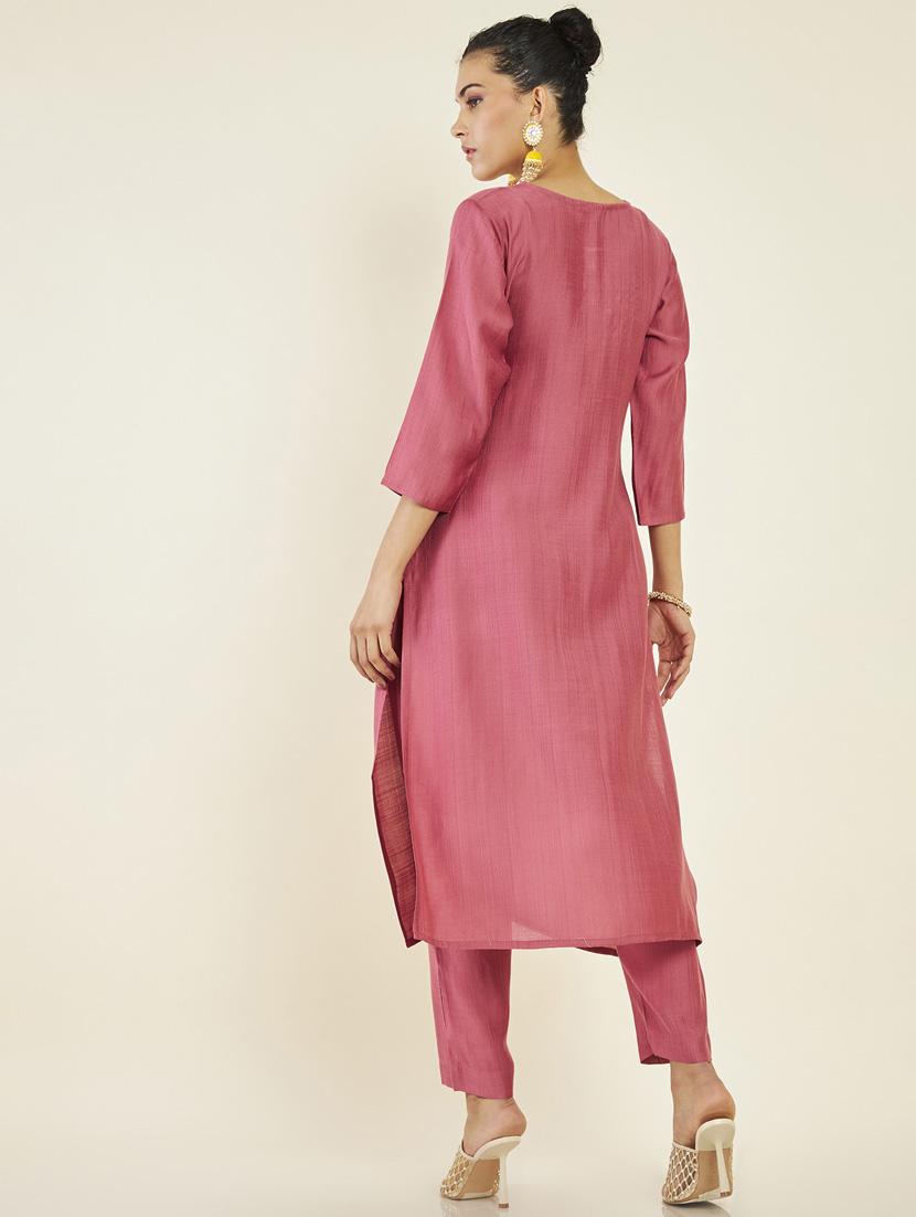women pink round neck kurta pant set - 19907495 - Standard Image - 3