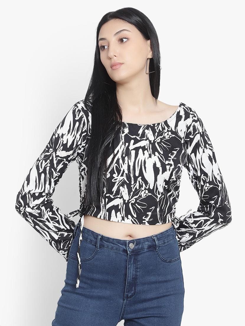 black printed ruched crop top - 19910707 - Zoom Image - 0