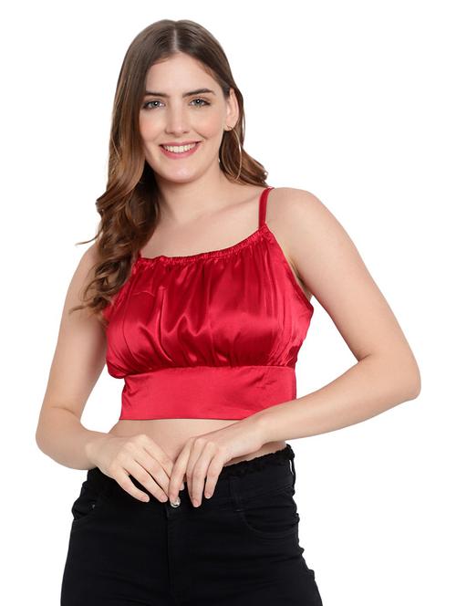 red solid ruched shoulder strap crop top - 19910719 -  Standard Image - 0