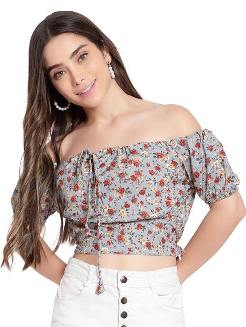 grey floral print off shoulder crop top - 19910746 -  Standard Image - 0