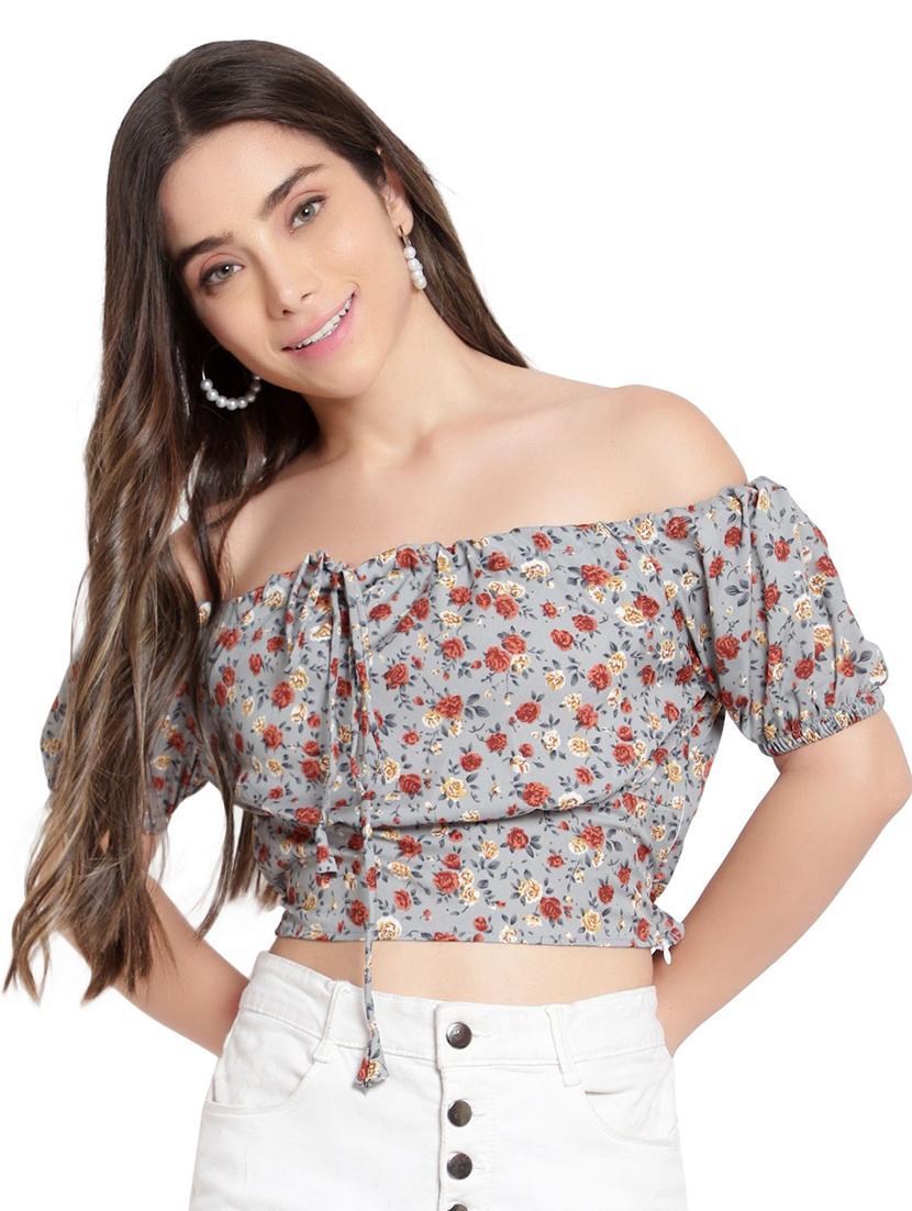 grey floral print off shoulder crop top - 19910747 -  Zoom Image - 0