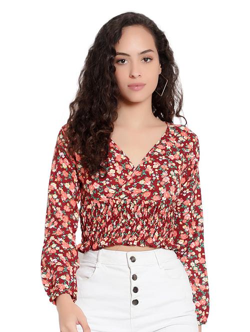 red floral print overlap neck crop top - 19910838 - Standard Image - 0