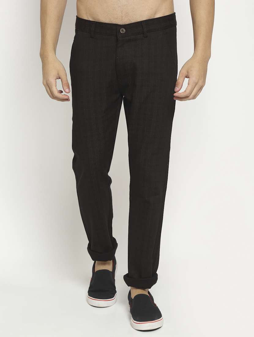 brown cotton flat front casual trousers