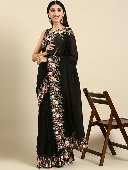 embroidered bordered solid saree with blouse  - 19912414 -  Standard Image - 0