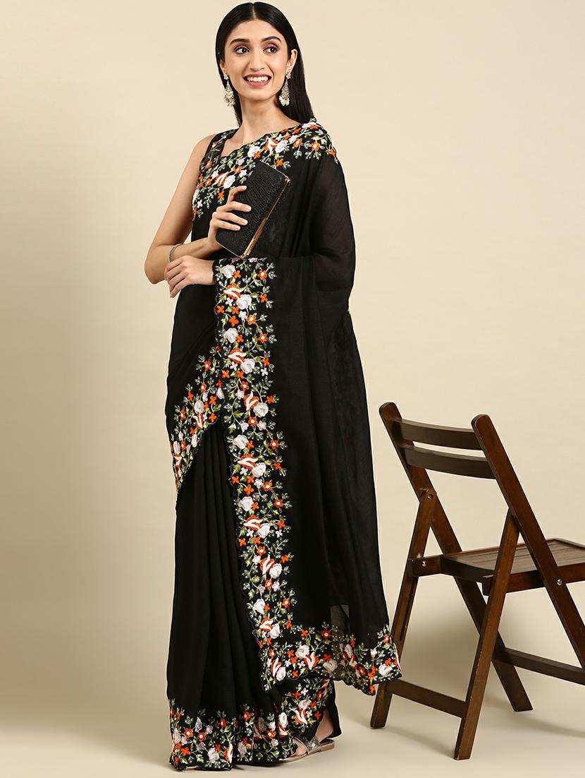 embroidered bordered solid saree with blouse  - 19912414 -  Zoom Image - 0