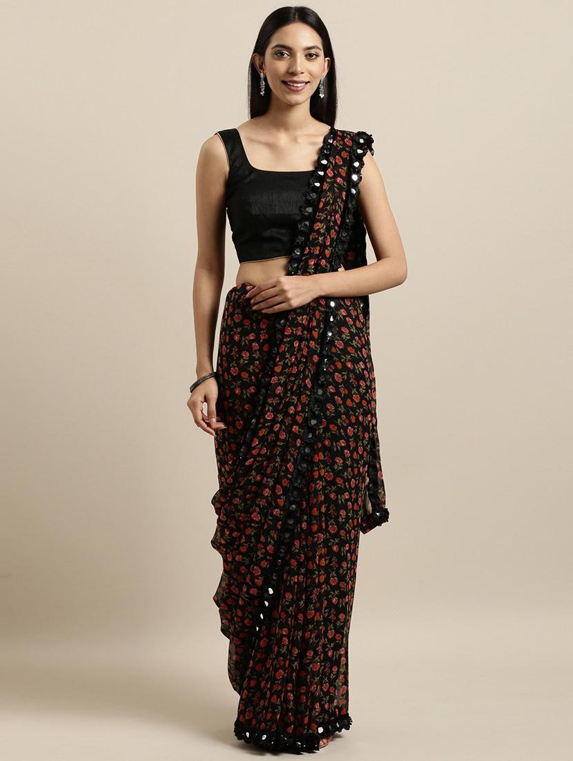 floral printed saree with lace and mirror work border with blouse - 19912975 - Zoom Image - 0