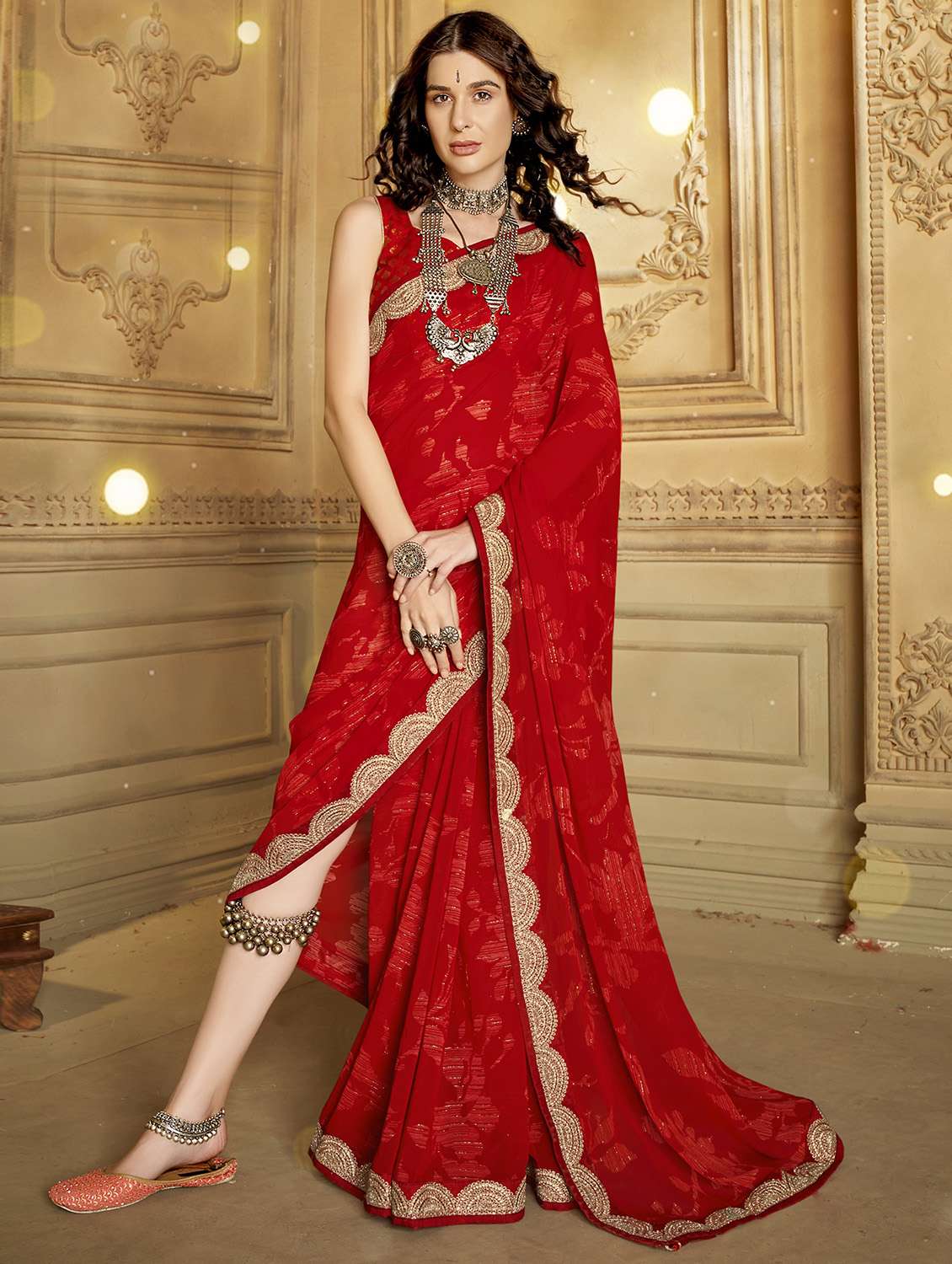 women's floral red colored saree with blouse