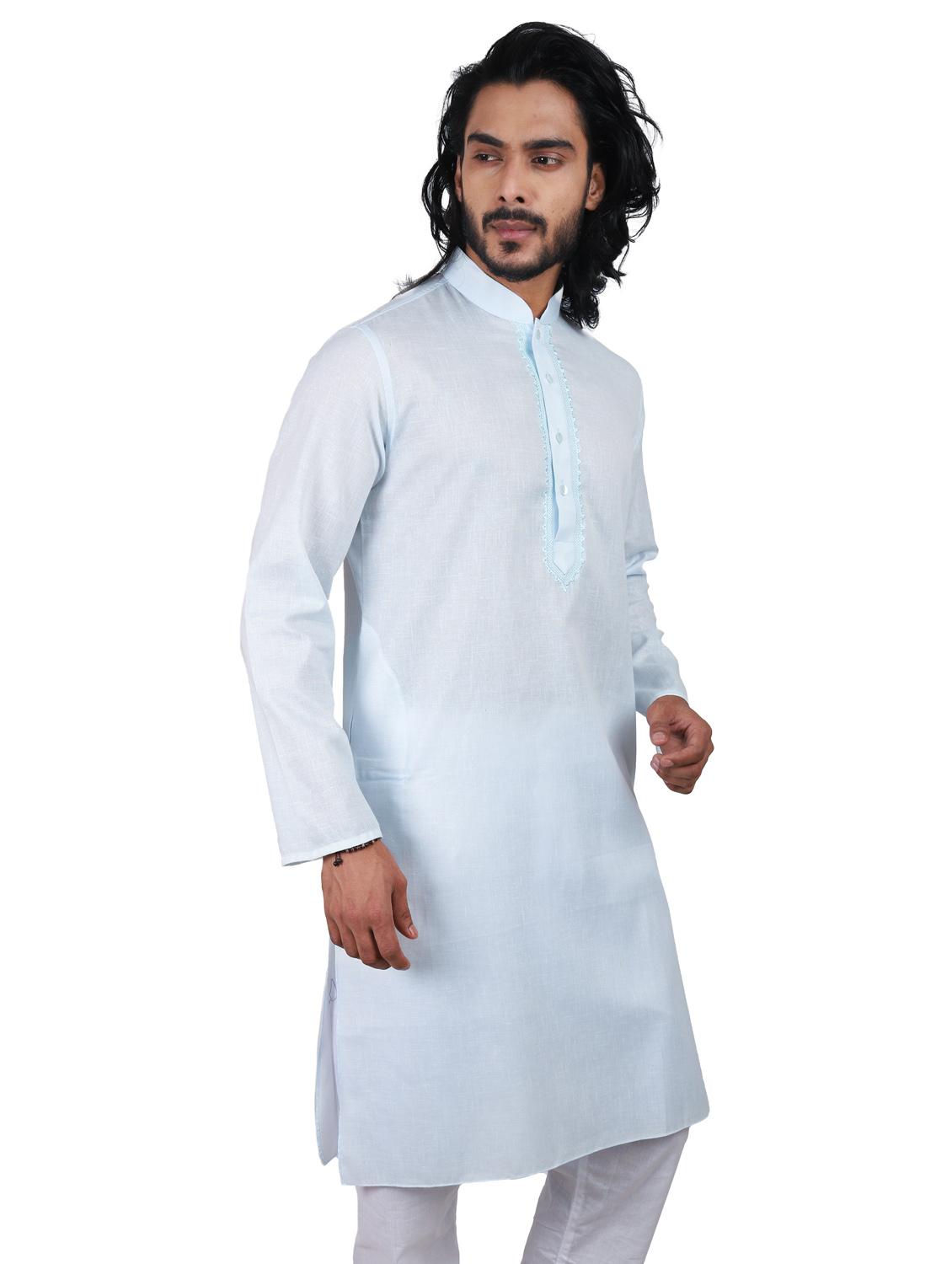light blue solid cotton kurta - 19920546 - Standard Image - 3