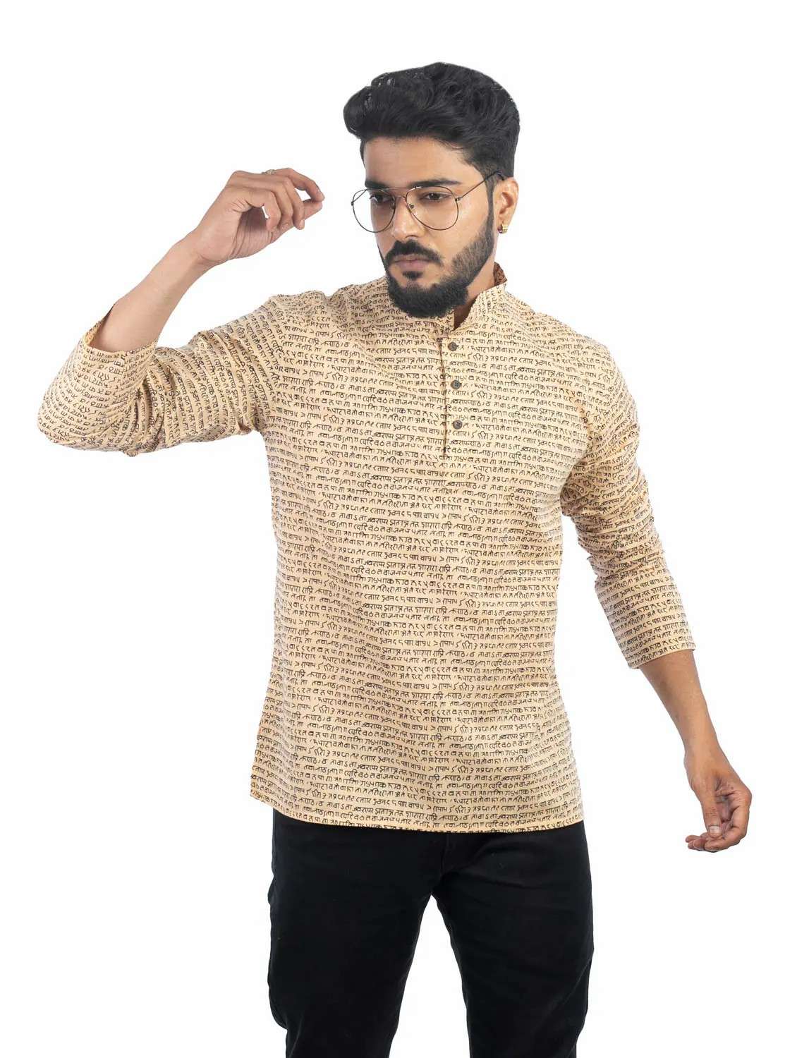 beige printed cotton short kurta - 19920568 -  Zoom Image - 0