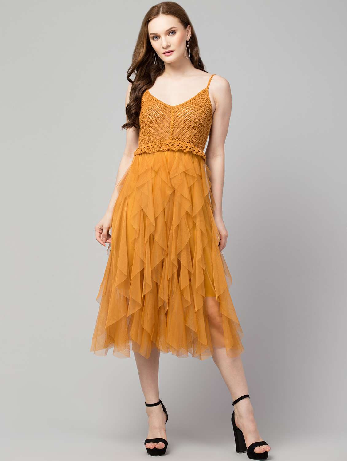 yellow solid net a-line dress - 19921694 -  Zoom Image - 0