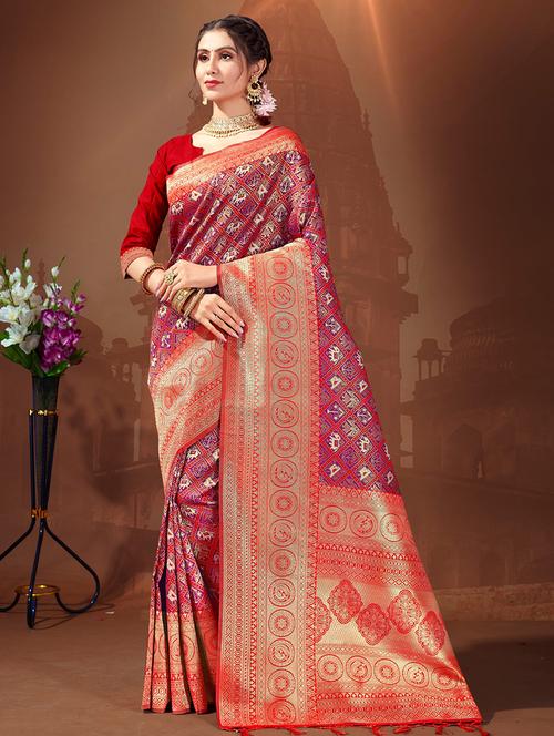 women's self design red colored saree with blouse - 19925471 -  Standard Image - 0