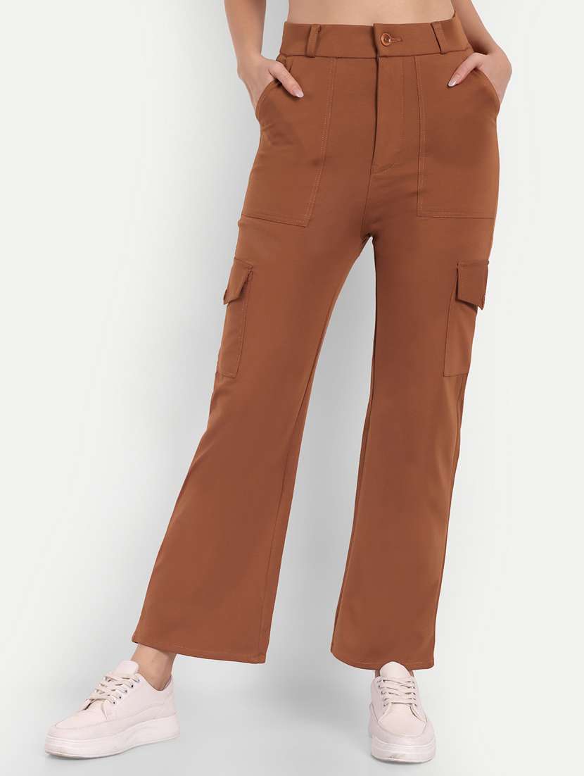 brown solid cargo full length trouser - 19925613 - Zoom Image - 0