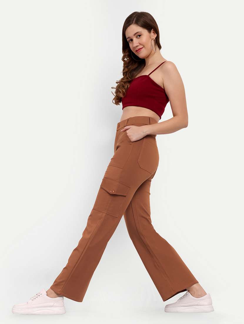 brown solid cargo full length trouser - 19925613 - Standard Image - 3