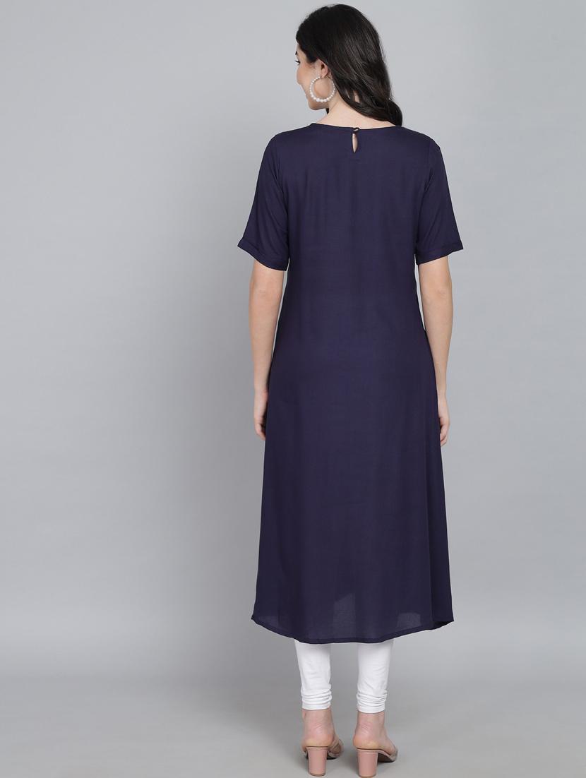 round neck solid a-line kurta - 19926685 - Standard Image - 3