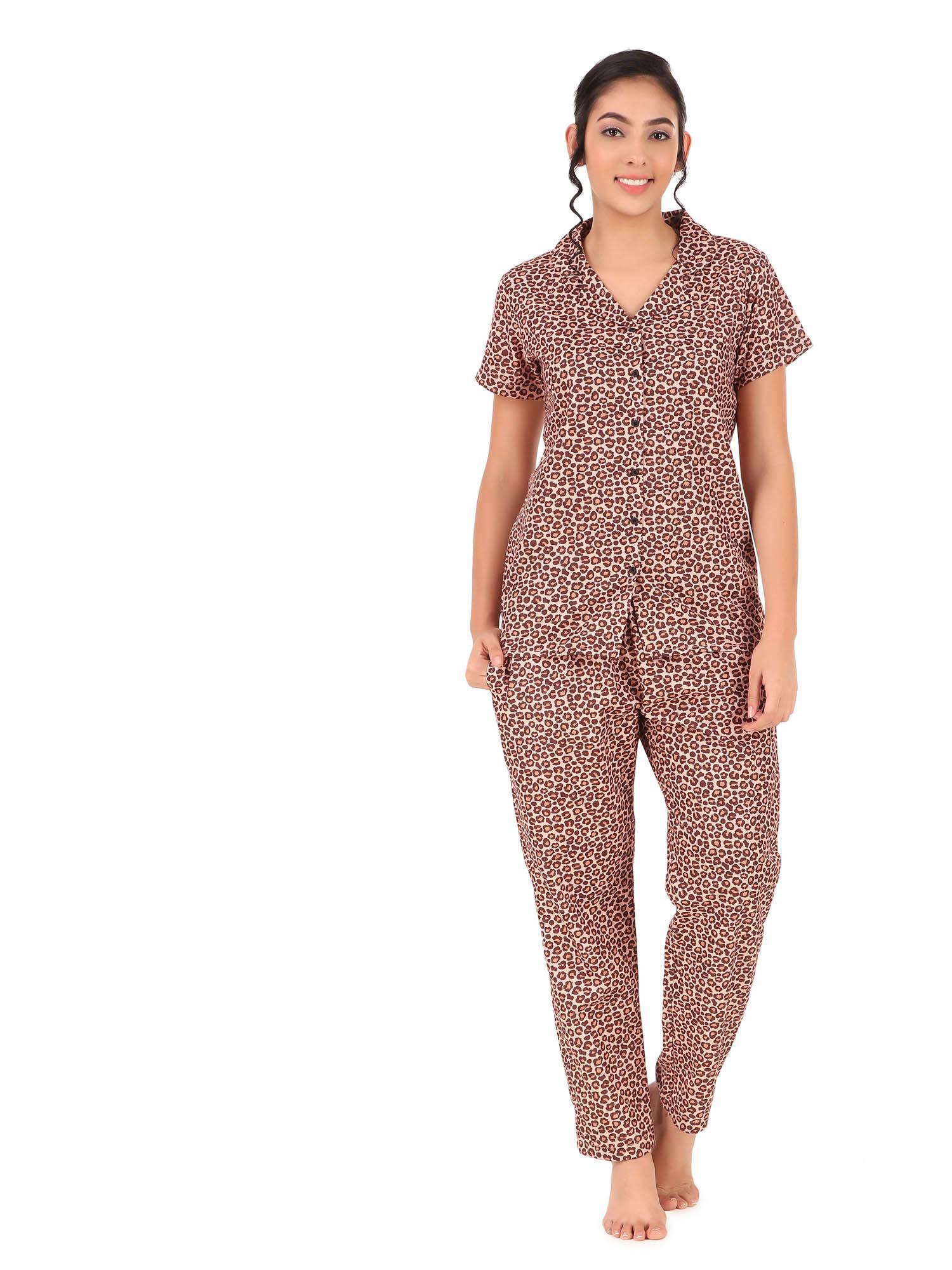 cozmostore animal print button down shirt & pyjama set in nude colour - cotton - 19927390 - Zoom Image - 0