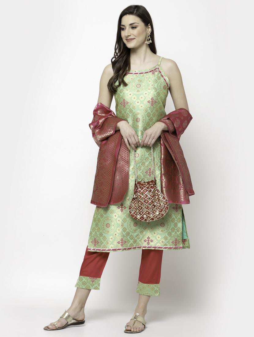 round neck brocade kurta pant set - 19927654 - Zoom Image - 0