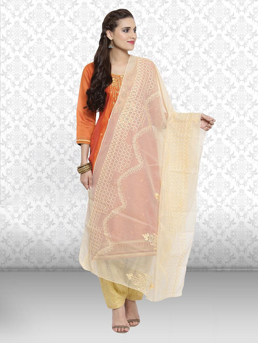 cream self designed embroidered dupatta - 19938503 - Zoom Image - 0