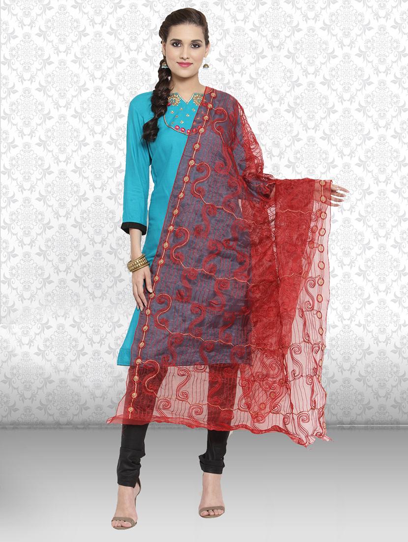 red self designed embroidered dupatta - 19938536 -  Zoom Image - 0