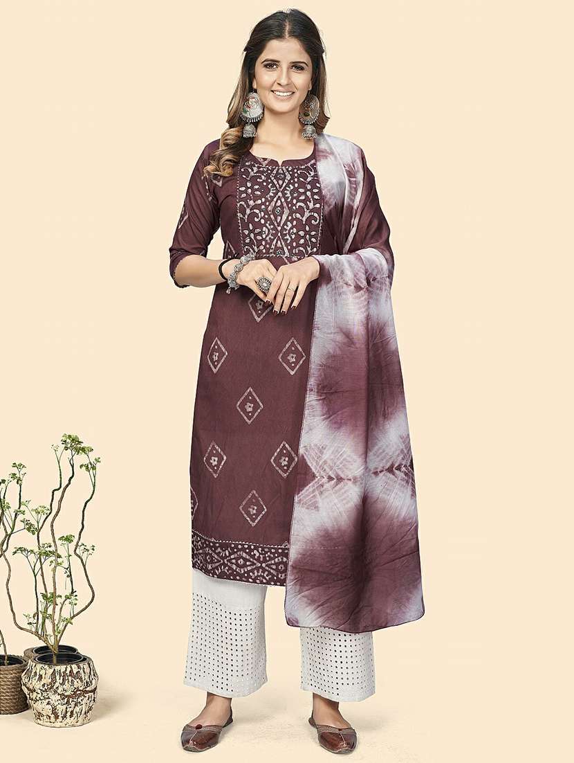 women batik printed three quarter sleeve kurta palazzo with dupatta set