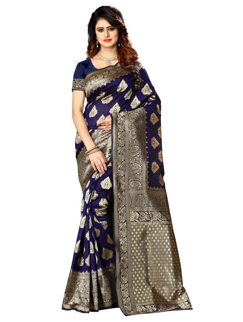 dark blue silk blend banarasi saree with blouse - 19941445 -  Zoom Image - 0