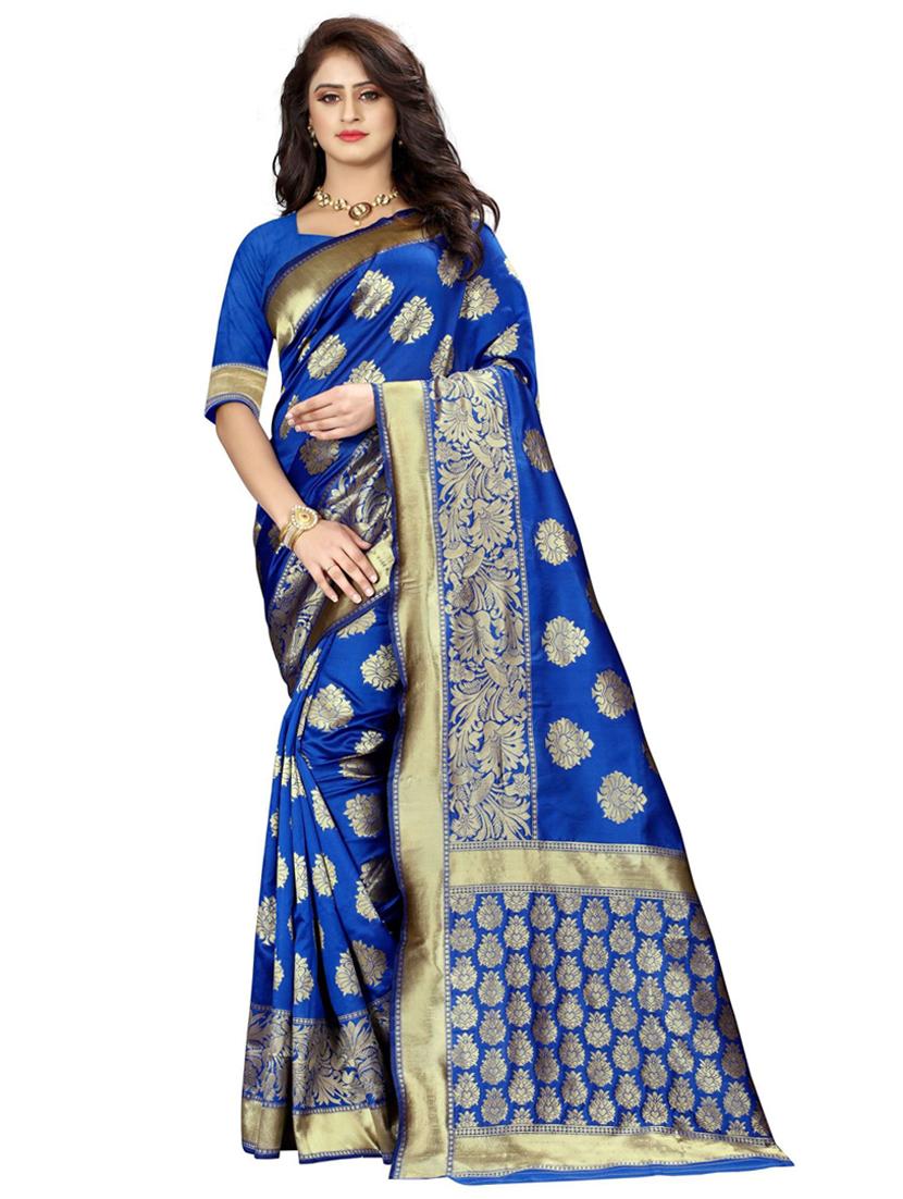 dark blue silk blend banarasi saree with blouse - 19941454 -  Zoom Image - 0