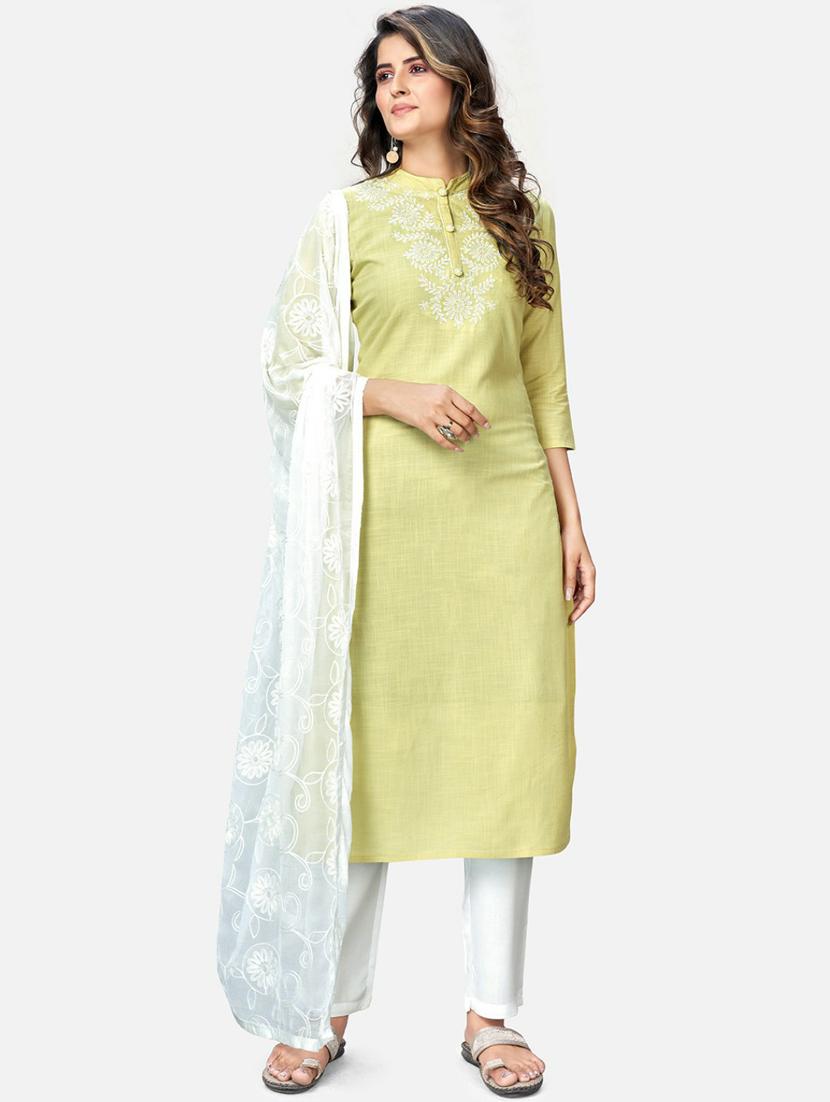 embroidered neck solid kurta dupatta set - 19942629 - Zoom Image - 0