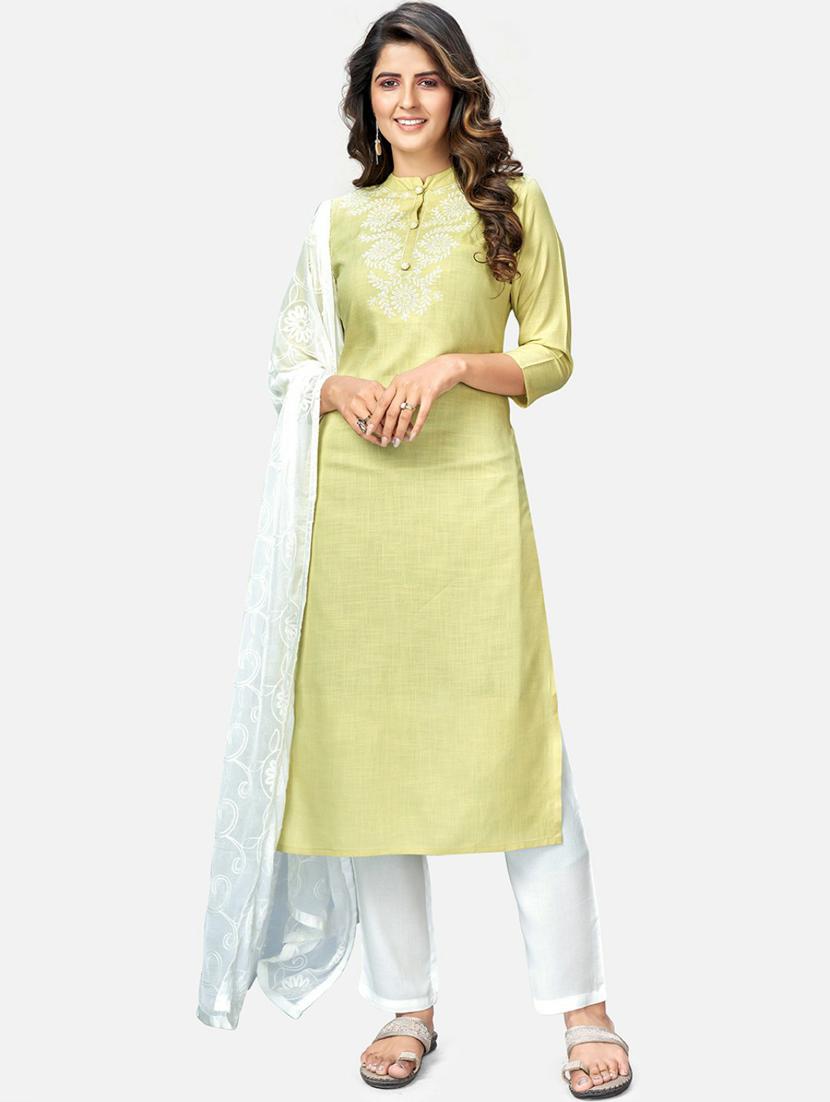 embroidered neck solid kurta dupatta set