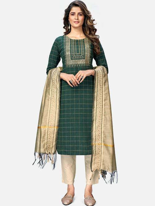round neck checkered kurta dupatta set - 19942635 - Standard Image - 0