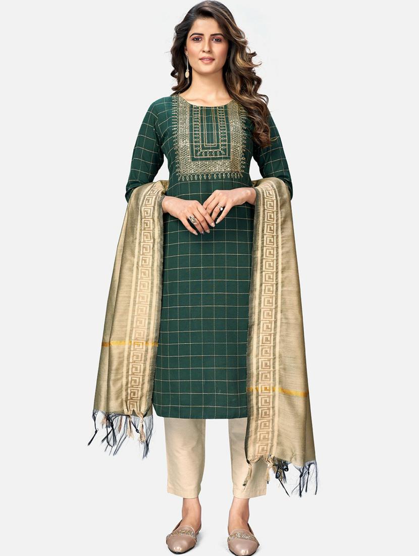 round neck checkered kurta dupatta set - 19942635 - Zoom Image - 0