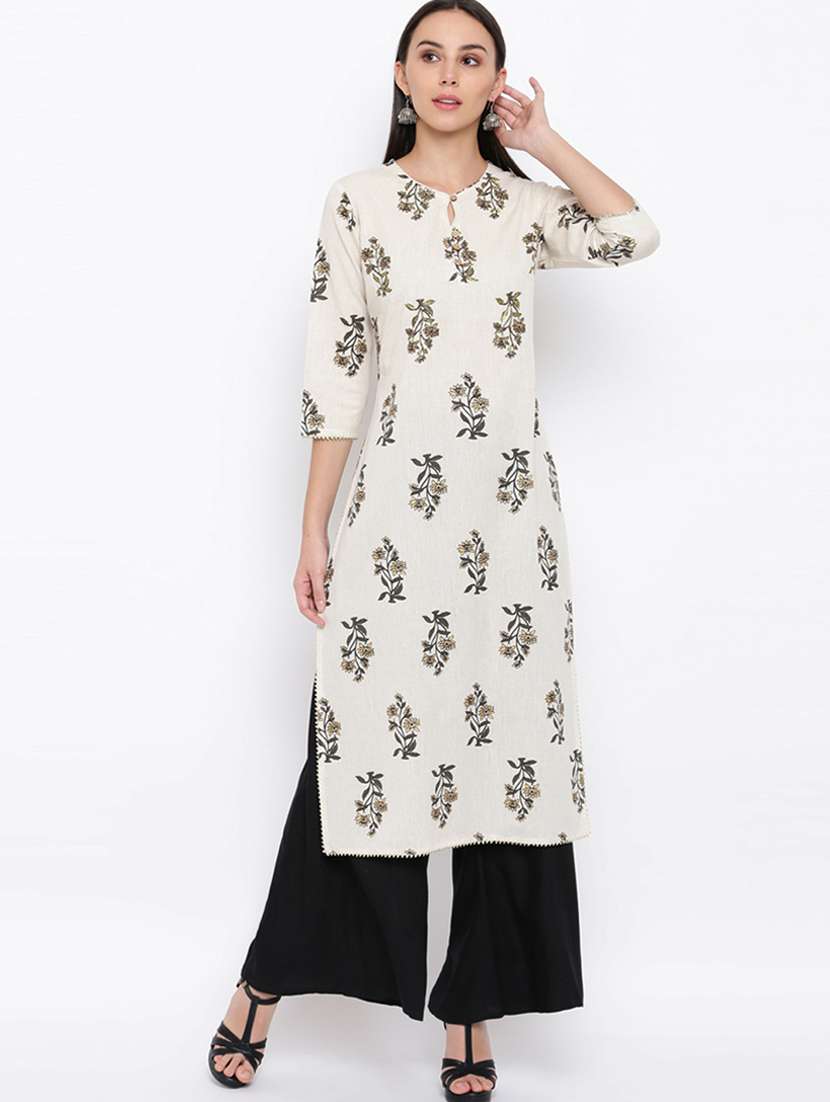 white cotton blend straight kurta - 19943021 - Zoom Image - 0
