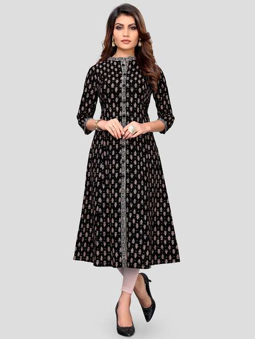 black cotton blend aline kurta - 19943064 -  Standard Image - 0