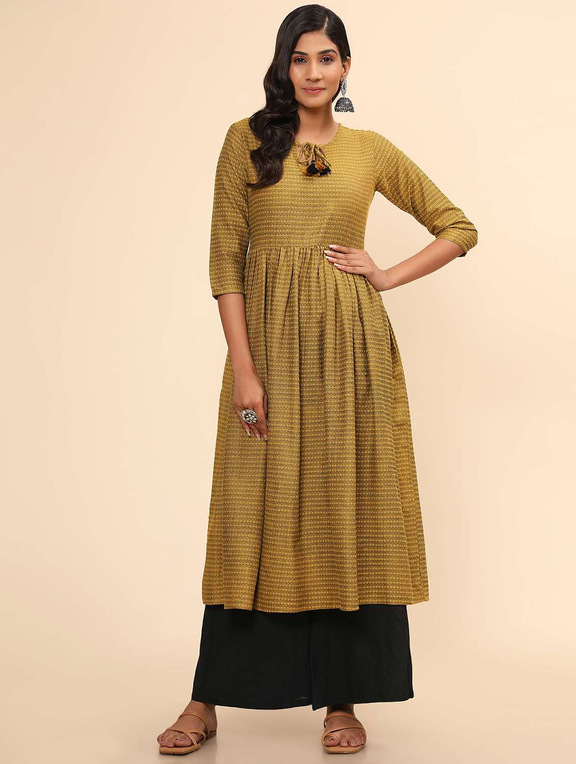 yellow cotton blend aline kurta - 19943165 -  Zoom Image - 0