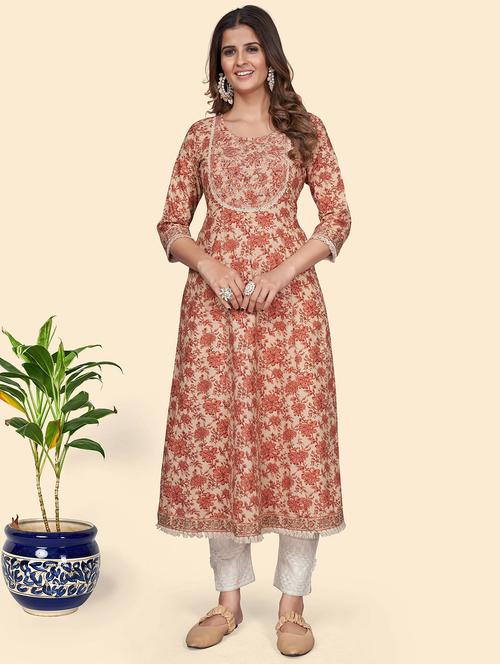 orange cotton flared kurta - 19943203 - Standard Image - 0