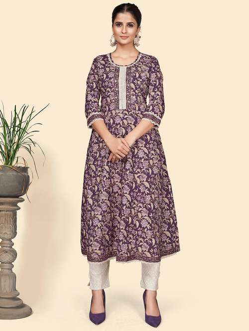 purple cotton flared kurta - 19943205 - Standard Image - 0