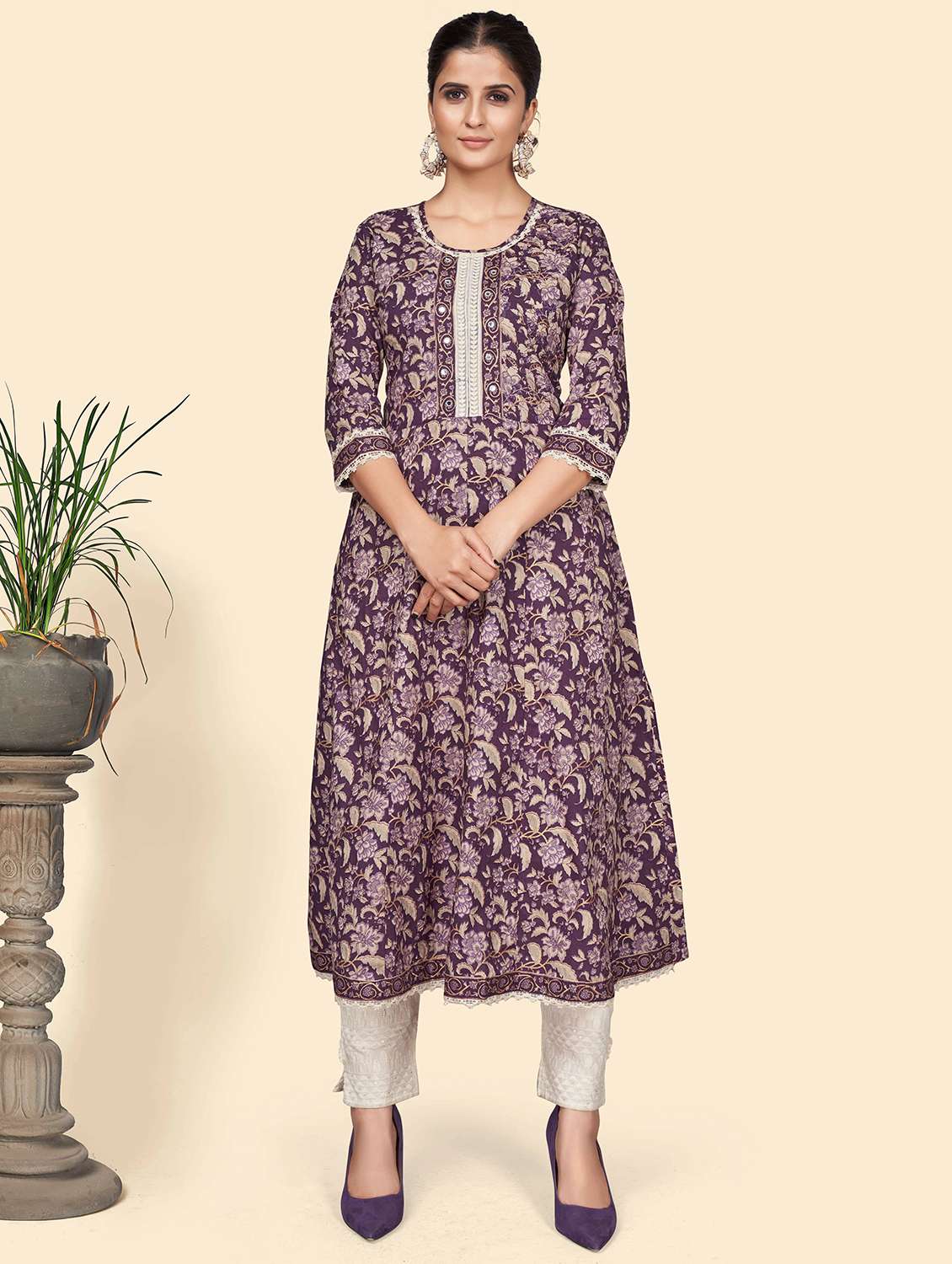 purple cotton flared kurta - 19943205 - Zoom Image - 0