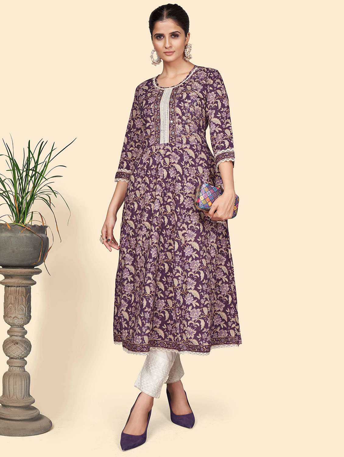 purple cotton flared kurta - 19943205 - Standard Image - 3