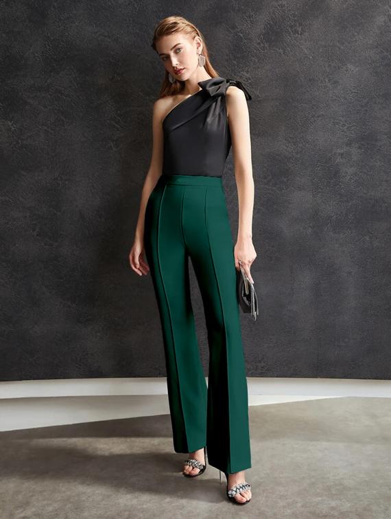 green solid pleated trousers - 19944675 - Standard Image - 3