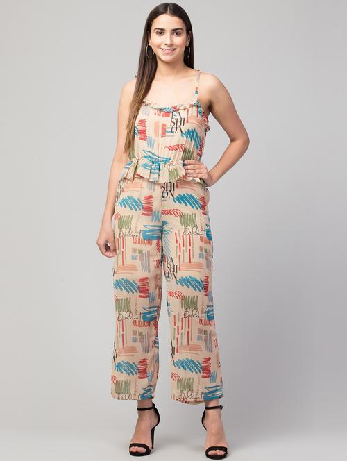 beige printed full leg jumpsuit - 19945507 - Standard Image - 0