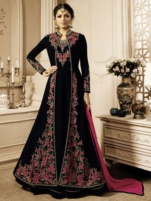 self design black anarkali semi-stitched suit - 19947134 - Standard Image - 0