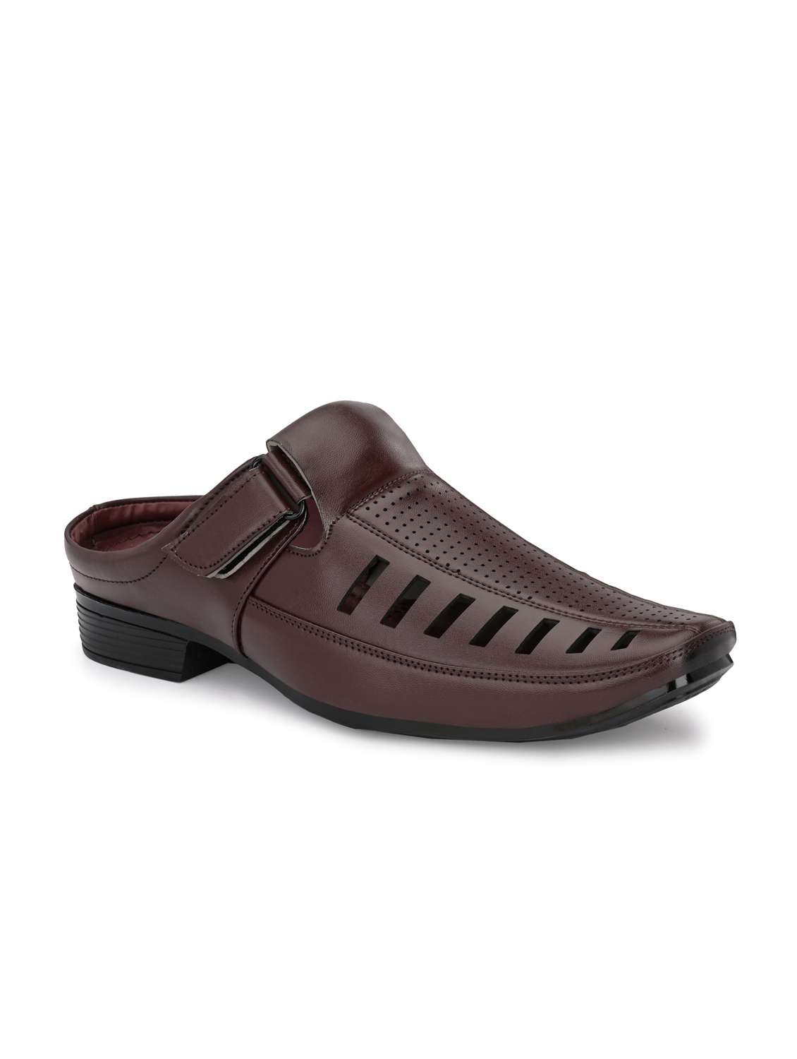 brown synthetic slip on sandals