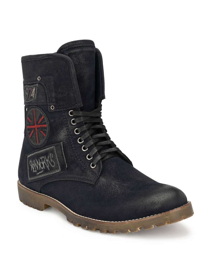 blue synthetic high tops boots