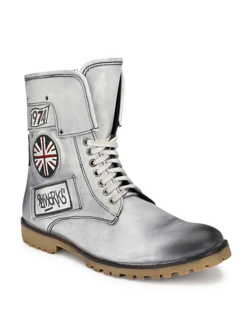 white synthetic high tops boots