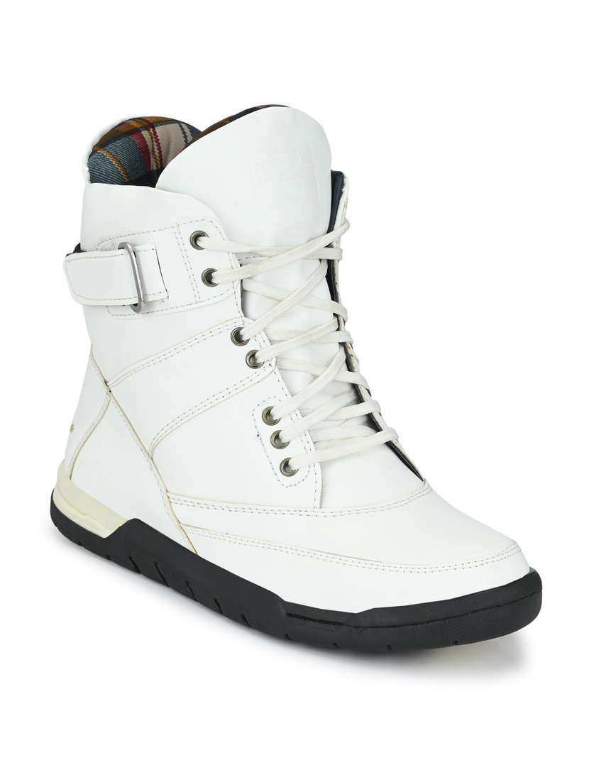 white synthetic high tops boots