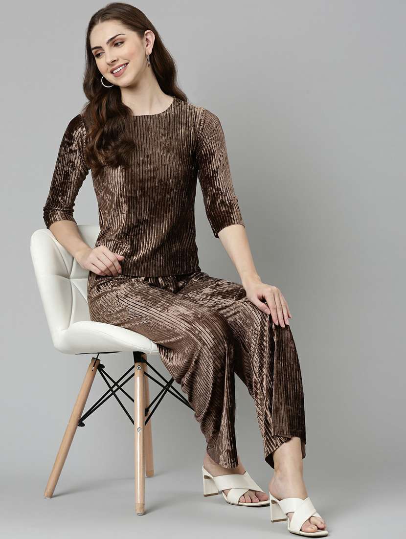 brown solid top and palazzo set  - 19947667 -  Standard Image - 3