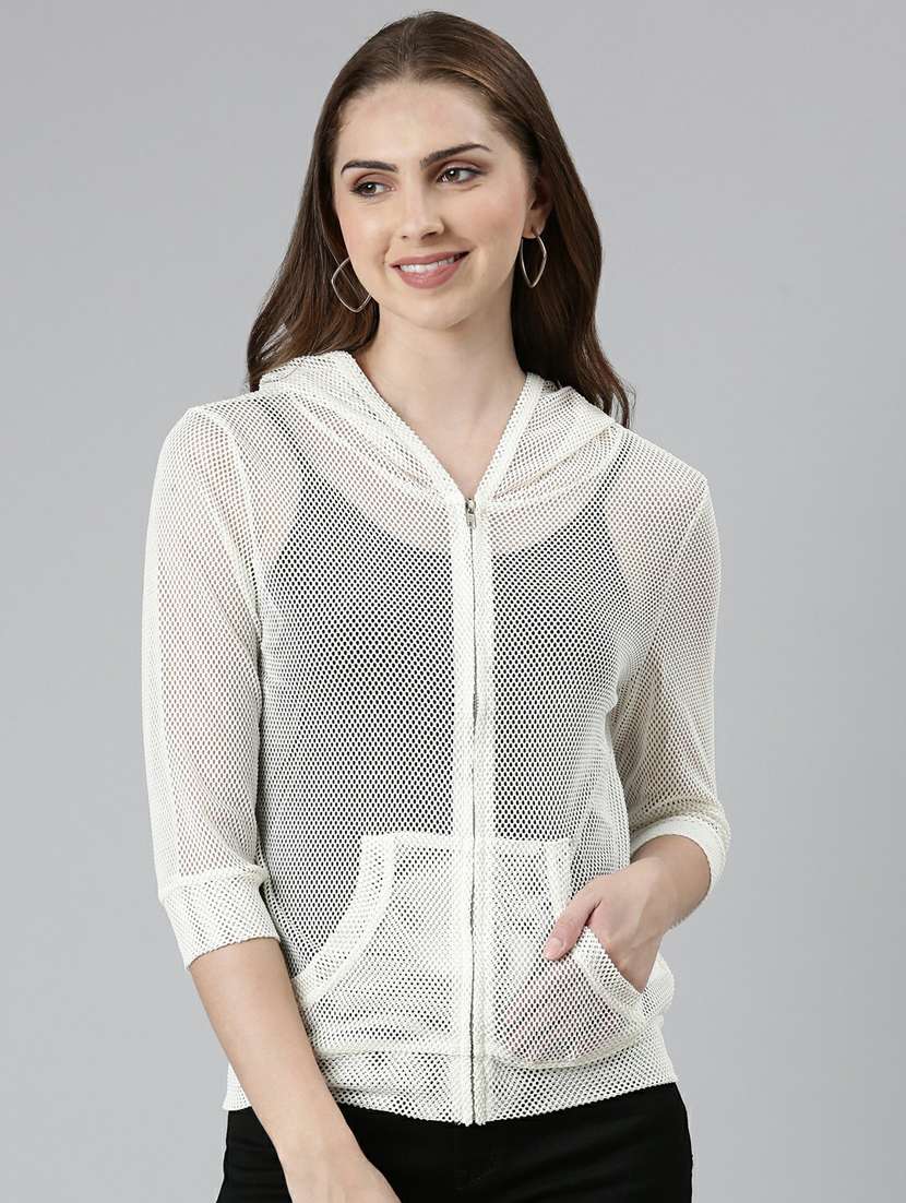 white solid three quater sleeves hooded summer jacket - 19947812 -  Zoom Image - 0