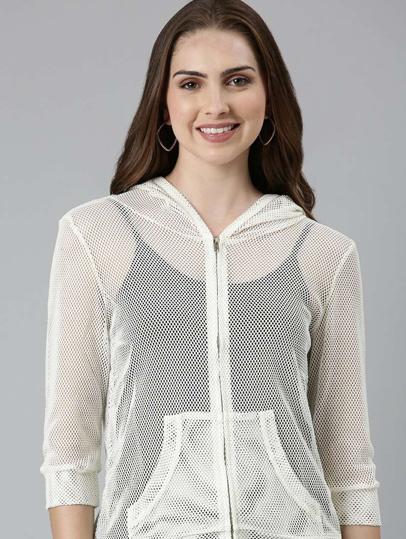 white solid three quater sleeves hooded summer jacket - 19947812 -  Standard Image - 3