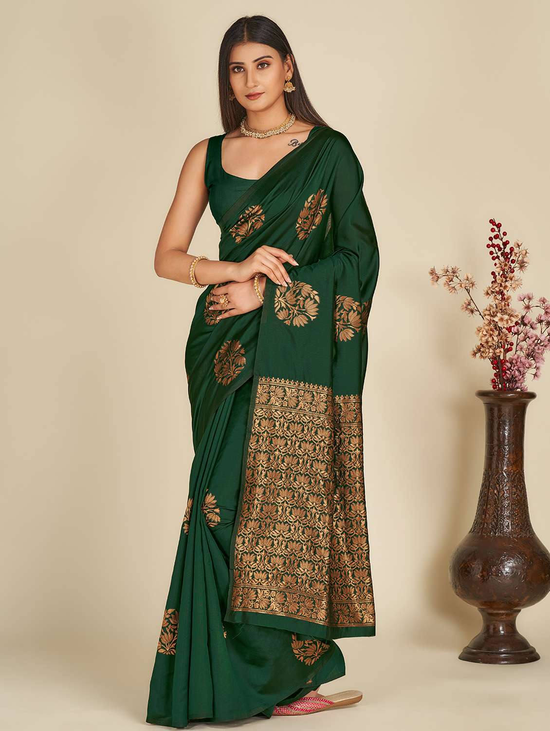 women's self design bottle green colored saree with blouse