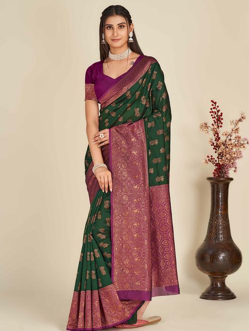 women's self design bottle green colored saree with blouse - 19948013 -  Standard Image - 0