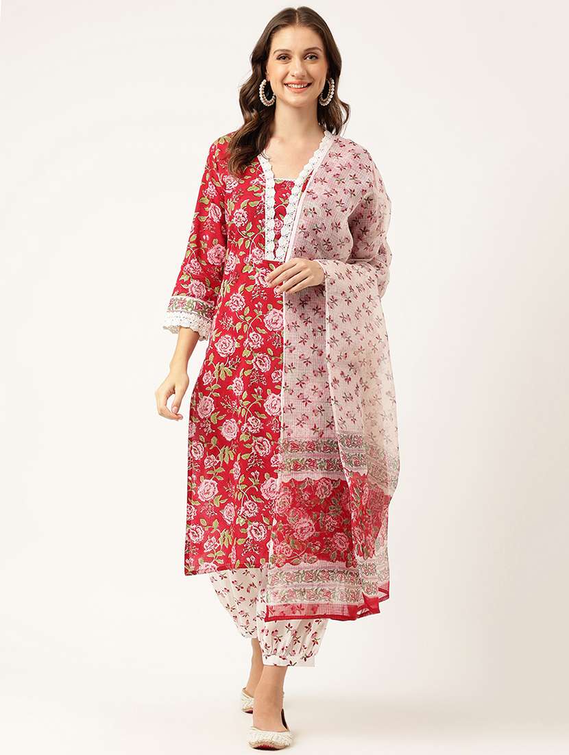 red floral printed kurta salwar with dupatta set
