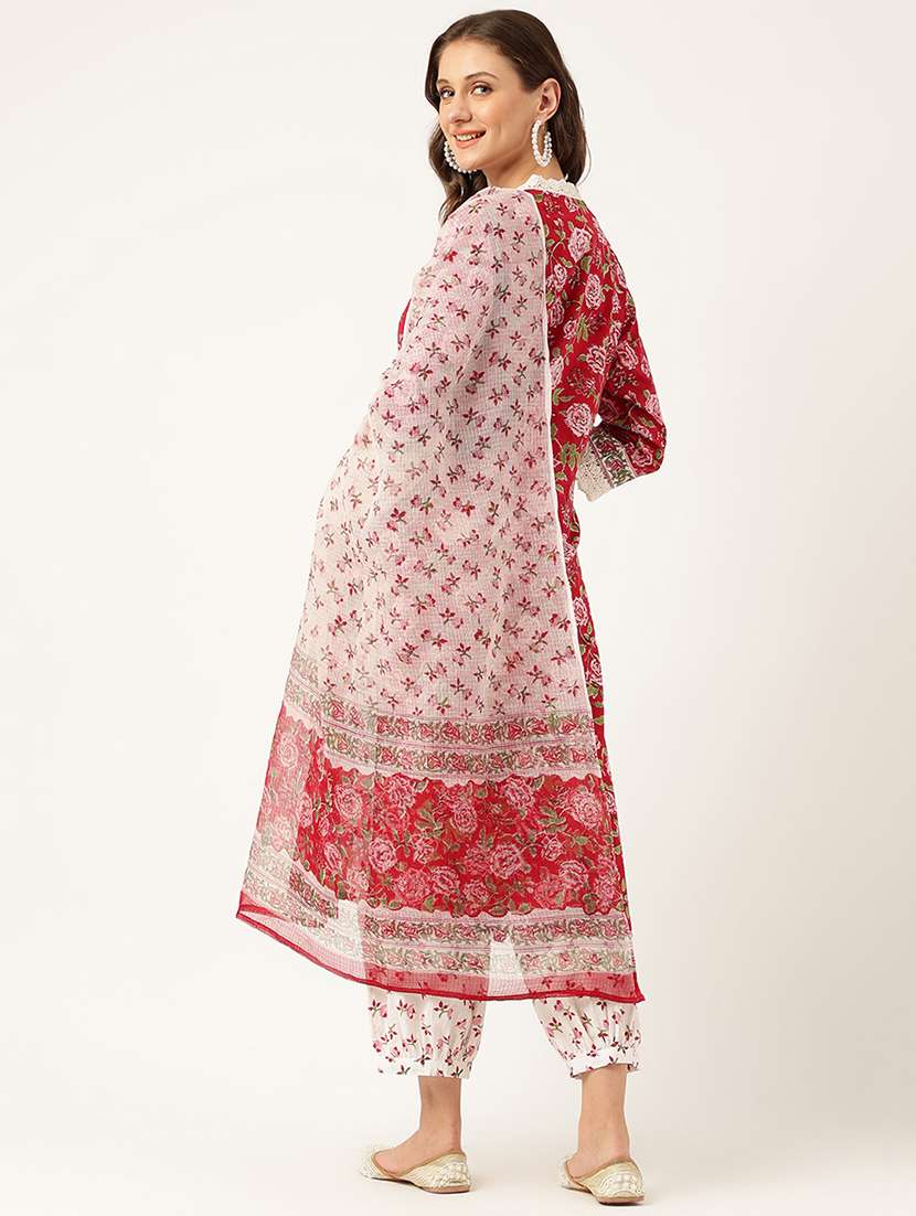 red floral printed kurta salwar with dupatta set - 19948044 -  Standard Image - 3